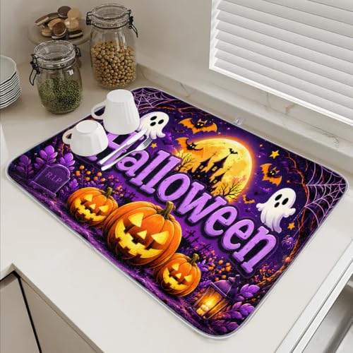 Halloween Ghosts Dish Drying Mat - Absorbent, Washable, Heat Resistant, 18x24 Inch - B 016