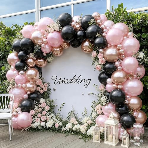Pink Black Balloon Arch Kit - Double Stuffed Pastel Pearl & Gold Balloons for Birthday, Wedding, Baby Shower, Halloween - Variation: Pink Black