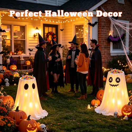 Halloween Ghost Candy Bowl with LED Lights & Remote - Outdoor Lighted Ghost Decor, 8 Modes, Timer, A-Ghost Variation