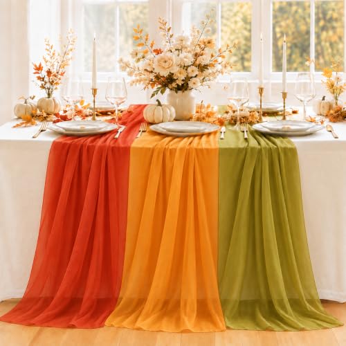 Fall Decor Chiffon Table Runner Set - Orange, Green & Terracotta, 6PCS with Variation Orange Green Terracotta