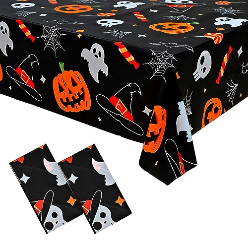 Halloween Plastic Tablecloth 2 Pack - Black with Pumpkin Print, 54 x 108 Inch Disposable Party Decor