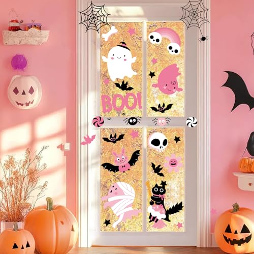 Pink Halloween Window Clings - Ghost, Pumpkin, Bat & Spider Decals - Variation of Halloween
