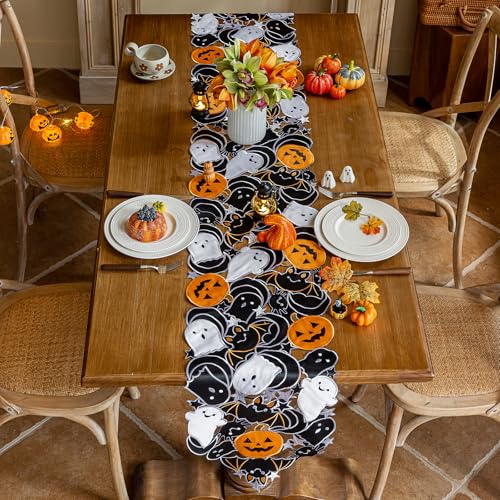 Halloween Spooky Table Runner 14 x 86 Inch with Embroidered Pumpkins & Bats - Gothic Fall Decor