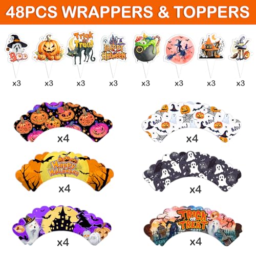 Halloween Cupcake Toppers and Wrappers Set - 48 Pcs Spooky Party Decorations