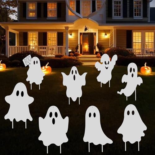 8PCS Halloween Ghost Yard Signs Outdoor Decor with Stakes and Hanging Options