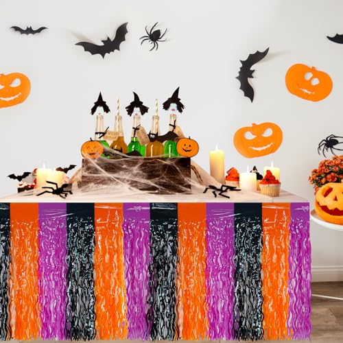 Foil Fringe Tinsel Table Skirts 2 Pack Halloween Party Decorations - Black, Purple, Orange