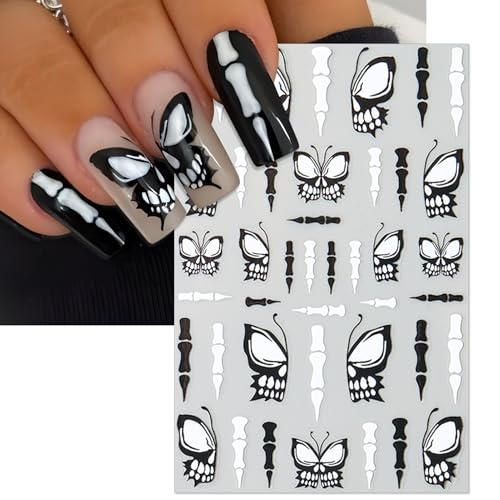 Halloween Horror Nail Stickers - Gothic Skull & Butterfly 3D Decals - 6 Sheets