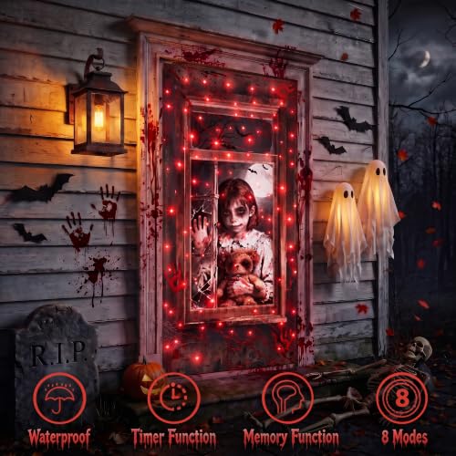 Halloween Door Cover Lights - Red 37.8x81.9 Inch with 8 Modes & Timer