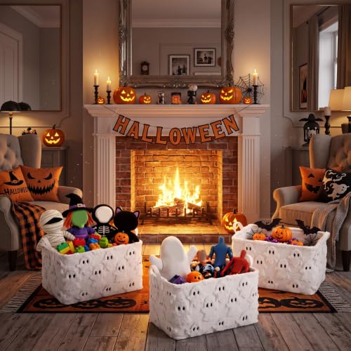 Halloween Ghost Storage Baskets Set of 3 - Small Faux Fur Plush Laundry Bins with Handles