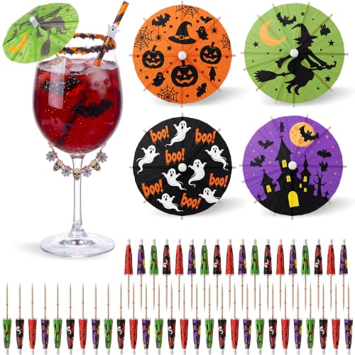 Halloween Drink Umbrellas Set - Witch and Bat Design, 200 Pcs, 4 Inch Cocktail Picks for Cocktails & Cupcakes