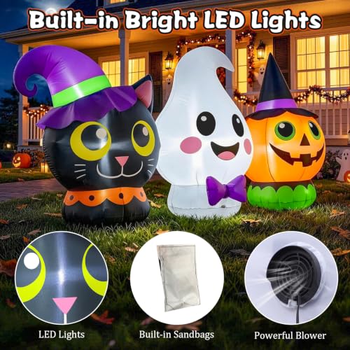 6FT Halloween Inflatable Pumpkin Ghost & Cat Outdoor Decorations with LED Lights - Yard & Garden Decor
