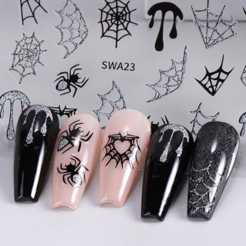 Halloween & Autumn Nail Art Stickers - Self-Adhesive Spider Web Pumpkin Ghost Leaves - 8 Sheets, Orange