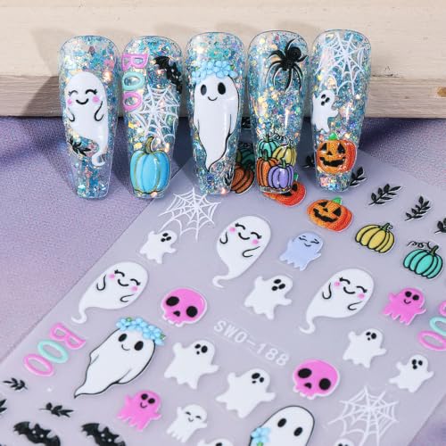 Halloween Nail Art Stickers 6 Sheets 5D Embossed Ghost & Mummy Design - 5D Colorful