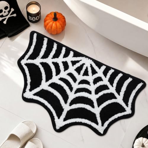 Moutina Spider Web Gothic Bathroom Rug 20x31 Inch Black Halloween Decor