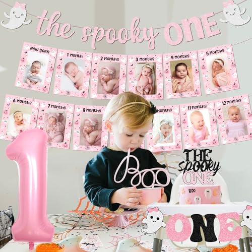 Halloween 1st Birthday Party Decorations Pink Foil Balloons Banner Cake Toppers