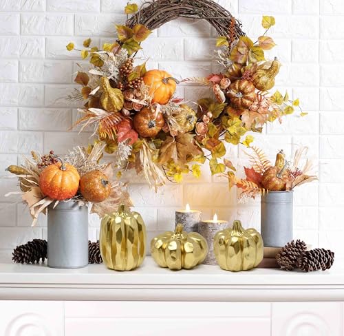 Gold Pumpkin Decor Set - Fall Thanksgiving Table Centerpieces, 3 Pcs