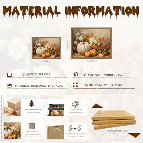 Autumn Pumpkin Wall Art - Framed White Pumpkin & Floral Canvas, 16x12in Rustic Fall Decor