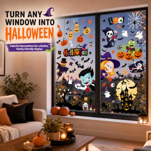 Halloween Window Clings - 9 Sheets Spooky Decorations for Home & Party - Witch Ghost Pumpkin