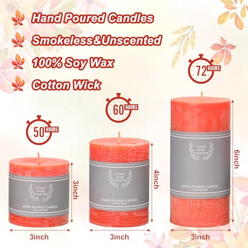 Fall Candles Set of 3 - 3x4 Inch Orange Pillar Candles for Autumn Decor