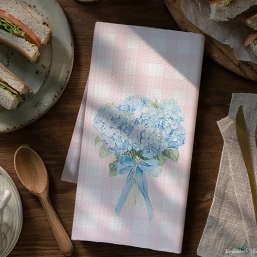 Hydrangea Floral Kitchen Towels - Pink & White Checkered Hand Dish Towels, 16x24 Inch, Variation 1