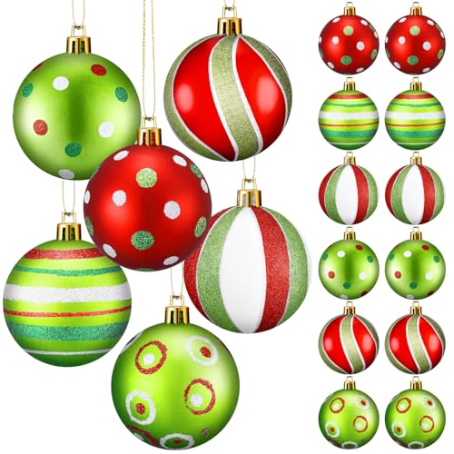 24 Pcs Christmas Ball Ornaments - Lime Green & Red Polka Dots & Stripes, 2.36 Inch Holiday Decorations with Ropes - Variation of 24