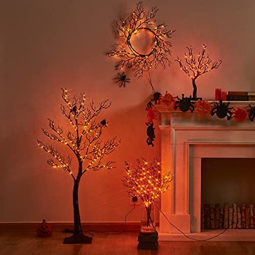 Black Halloween Tree with Lights - 4FT Spooky Indoor Outdoor Decoration with 150 Orange Fairy Lights - Variation: Black 150L Tree