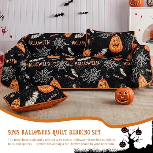 Halloween Queen Quilt Set - Pumpkin & Bat Festive Bedspread Coverlet - Variation of THIS listing