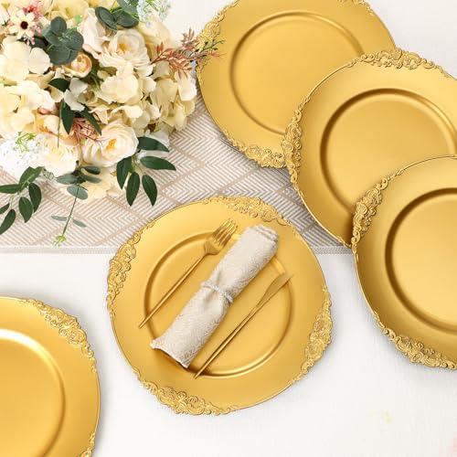 36 Pack 13 Inch Gold Embossed Round Charger Plates - Elegant Plastic Dinnerware