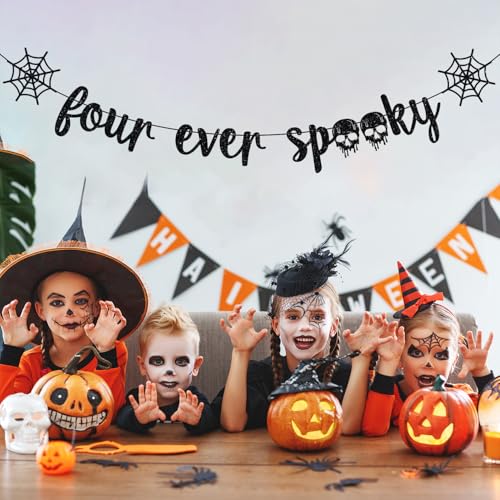 Halloween 4th Birthday Banner - Spooky Skull Party Decorations for Kids
