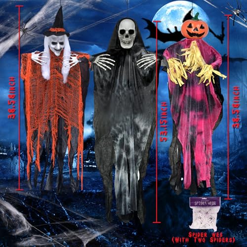 Halloween Hanging Skeleton Decorations Set - Indoor Outdoor Spooky Decor, 3 Pack
