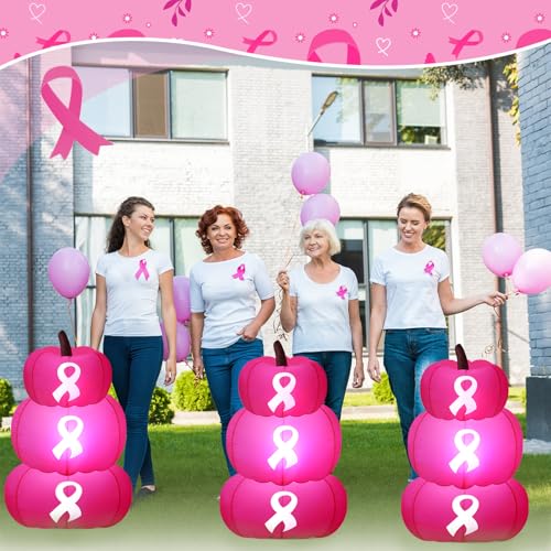 Pink Ribbon Inflatable Pumpkin Decorations - Breast Cancer Awareness Set of 3, 4 Feet Tall