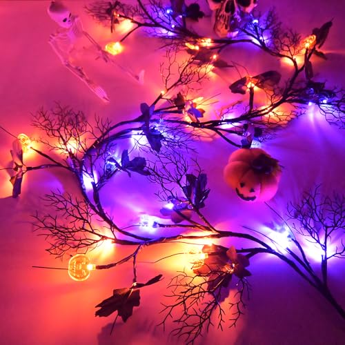 Halloween Garland with Lights 8.86FT 72LED Willow Vine Twig with Timer - Orange & Purple Pumpkins, Spiders, Leaves - Indoor Outdoor Decor
