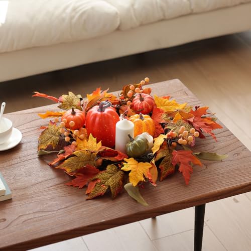 Fall Wreath for Front Door - 19 Inch Yellow Autumn Pumpkin Maple Leaves