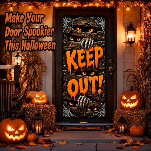 Halloween Door Decorations Keep Out Banner - Large Haunted House Design, Orange Black White Variation