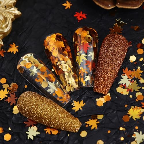 6Grids Fall Nail Glitters 3D Gold Maple Leaf Nail Sequins with Glitter Powder - Design 6