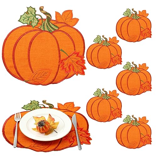 Pumpkin Fall Placemats Set of 6 - Autumn Orange Table Decor for Thanksgiving