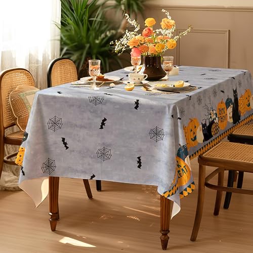 Halloween Waterproof Tablecloth - Spooky Pumpkin, Black Cat, Bat & Web Design - 84x60 Inches Rectangular