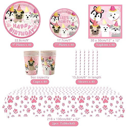 Dog Party Decorations Set for Puppy Birthday - Pink Paw & Puppy Theme Supplies, Serves 40