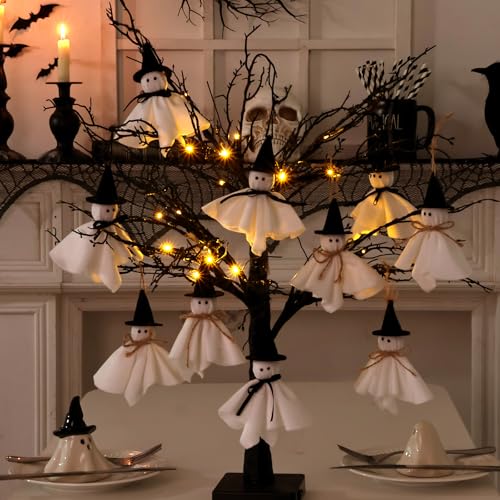 Halloween Lighted Artificial Tree with Ghost Ornaments - 27 Inch Indoor Decor