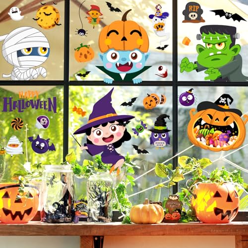Halloween Window Clings Set - 6 Large Static Decals for Indoor & Outdoor Decorations