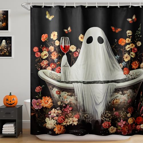Halloween Shower Curtain - Ghost Design, 72 x 72 Inches, Rustic Bathroom Decor