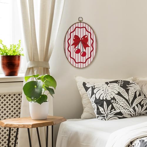 Preppy Red Cherry Bow Wall Art Decor - Oval Canvas, 11.4 x 8.6 inches