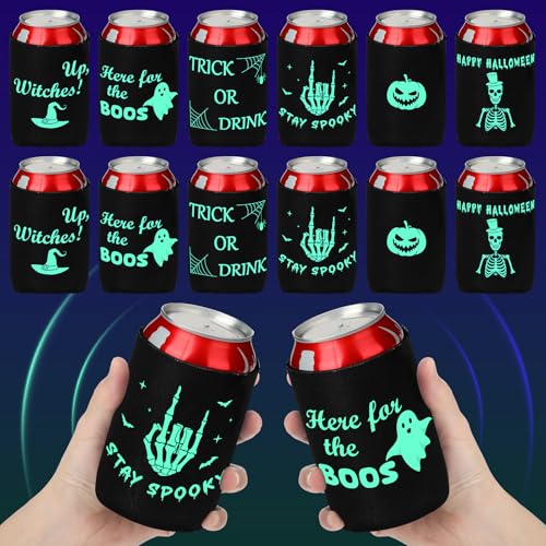 Glow in Dark Halloween Can Sleeves - 12 Pack Insulated Beverage Cooler Covers