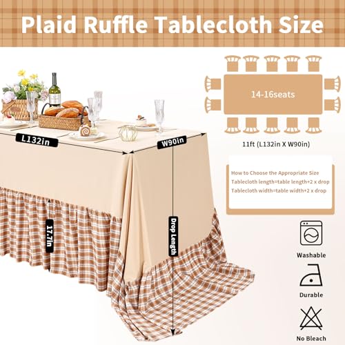 Fanqisi Brown Checked Ruffle Tablecloth - 132 x 90 Inch Waterproof Polyester Decor