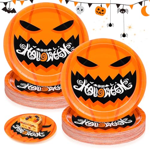 50 Pack 9-Inch Halloween Paper Plates Pumpkin Themed Disposable Party Tableware