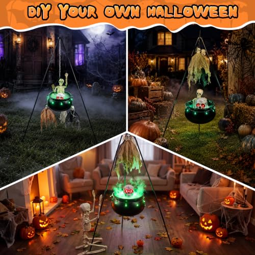 Outdoor Halloween Cauldron Decoration with Skeletons & Green Light - 53" Tripod Frame