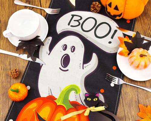 Halloween Black Cat Table Runner - Spooky Fall Decor for Dining Table 13x72 Inch