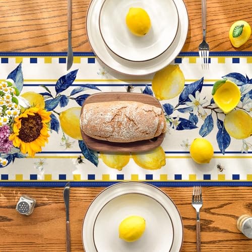 Lemon Tree Flower Bee Summer Table Runner 13x36 Inch - Beige Seasonal Decor