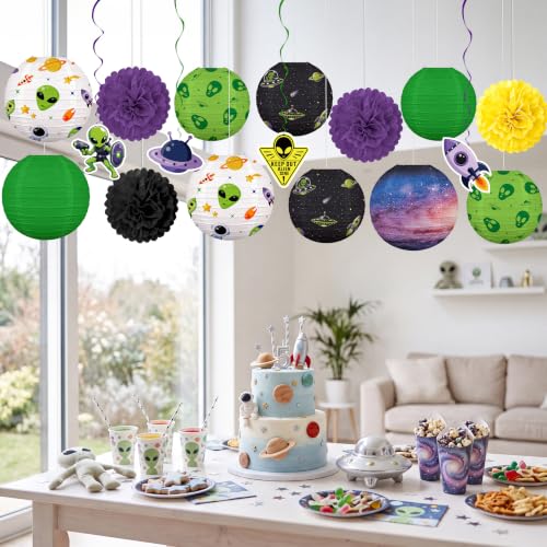 Alien UFO Paper Lanterns Party Decorations - 17 Pcs Space Theme Set