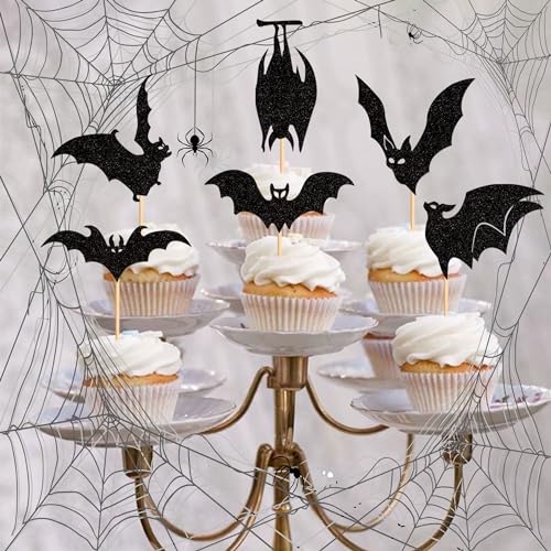 Halloween Bat Cupcake Toppers - Black Glitter Silhouette, Pattern 16, 24 Pack